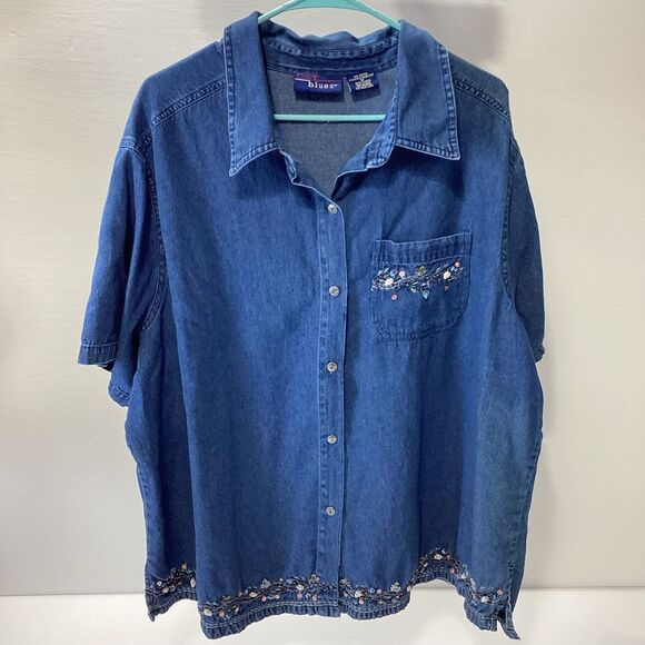 Vintage CST Blues Blue Denim Button-Up Shirt with Floral Embroidery Shells 3X - Picture 1 of 8